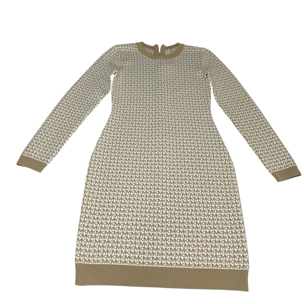 MICHAEL Michael Kors Women's Bone Beige XS MK Logo Monogram Knit Sweater Dress
